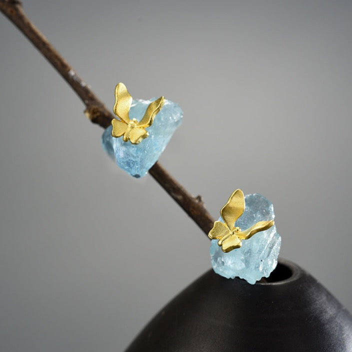 Butterfly & Stone Stud Earrings
